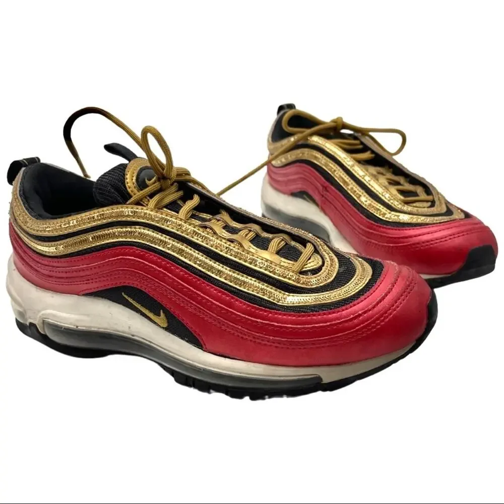 NIKE WOMENS AIR MAX 97 RED METALLIC GOLD SEQUIN SIZE 8.5  CT1148 600